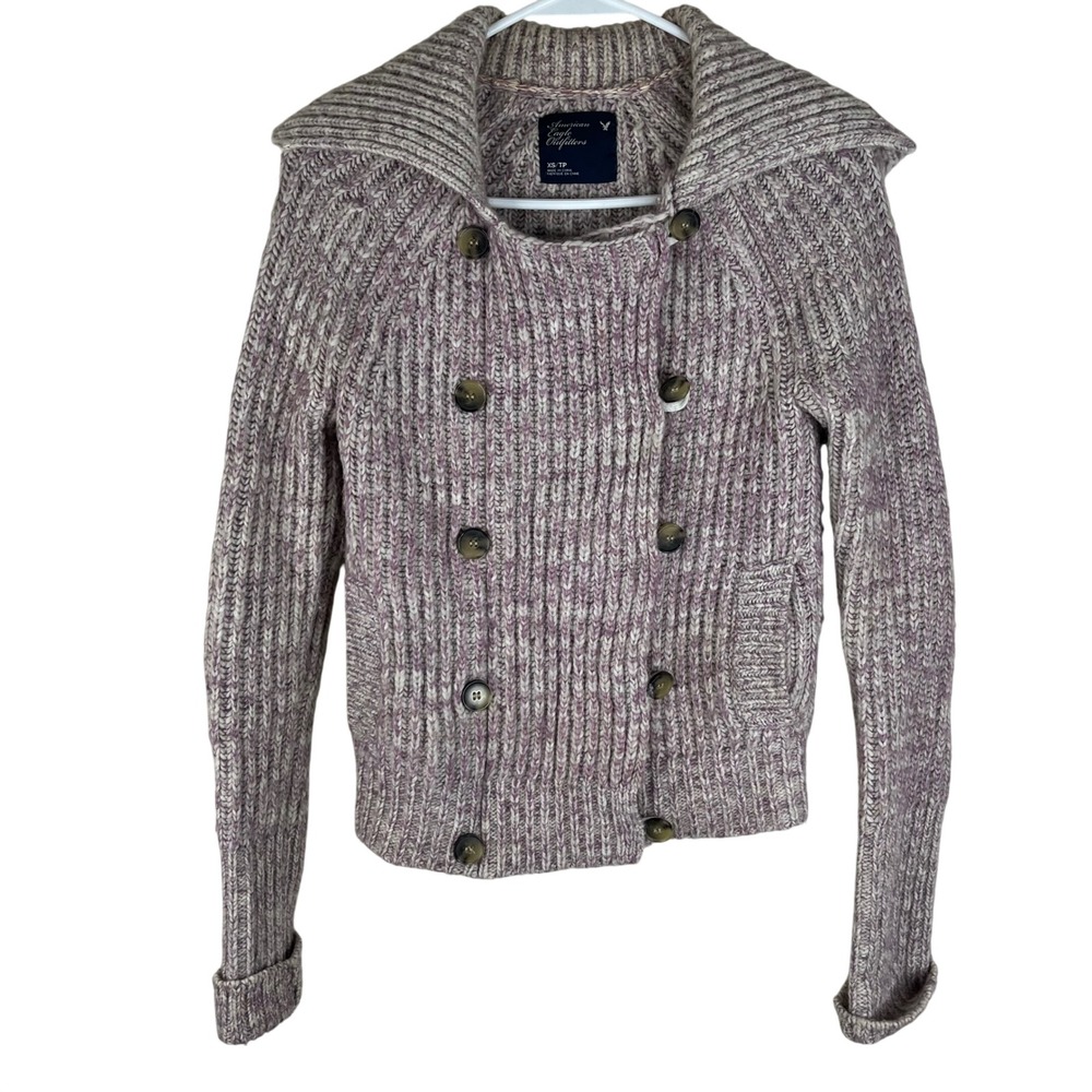 American Eagle Womens XS Wool Alpaca Blend Chunky Knit Cardigan Oatmeal Purple